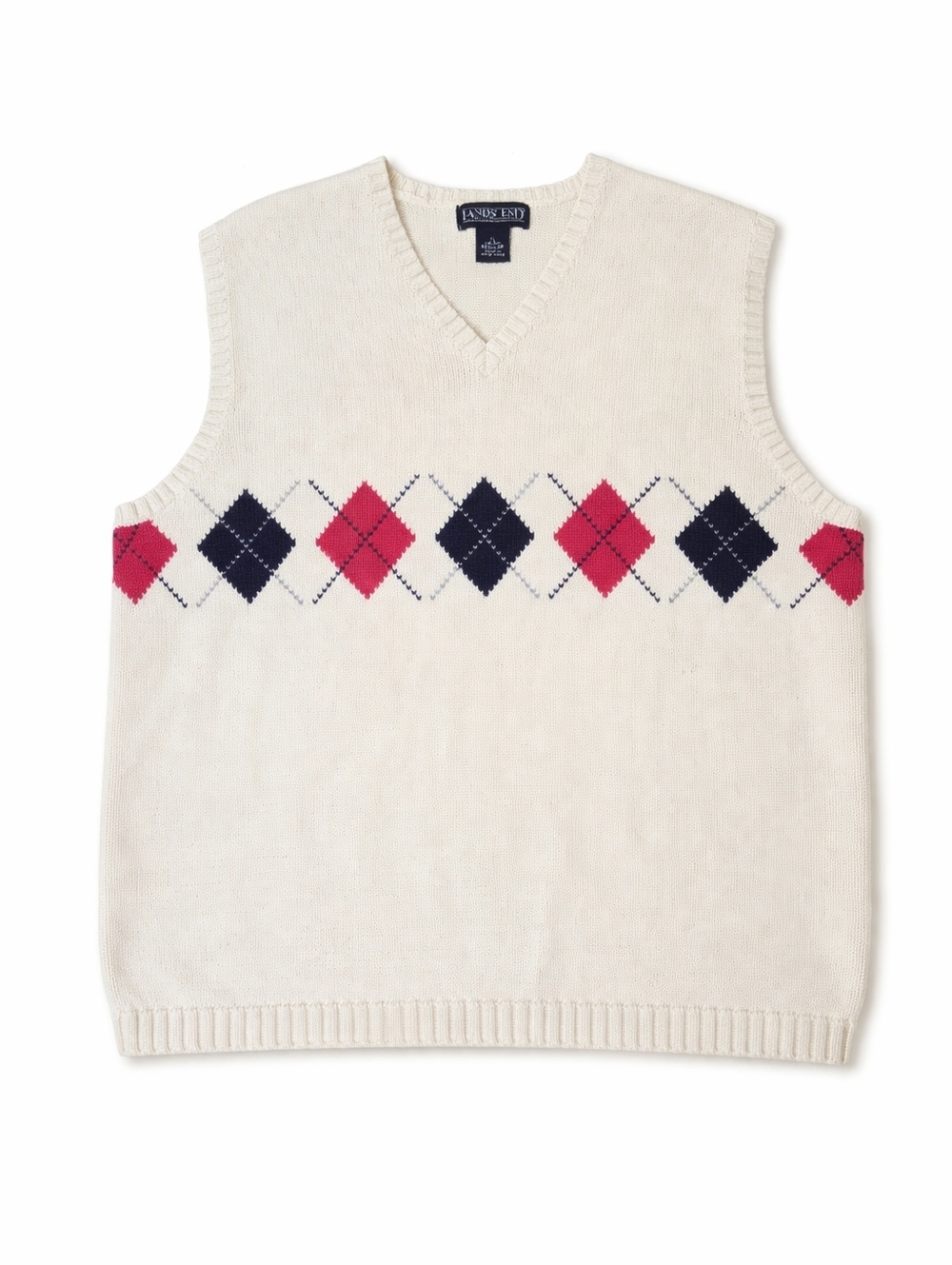 Vintage Lands' End Off White Pink Black Gray Argyle Knit Preppy Sweater Vest